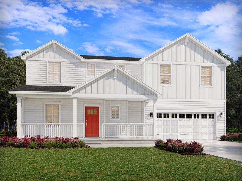 Front exterior of a new home in The Coves at Lakes of Cane Bay II, Summerville, SC, highlighting curb appeal (Image 1). Front exterior of a new home in The Coves at Lakes of Cane Bay II, Summerville, SC, highlighting curb appeal (Image 1).