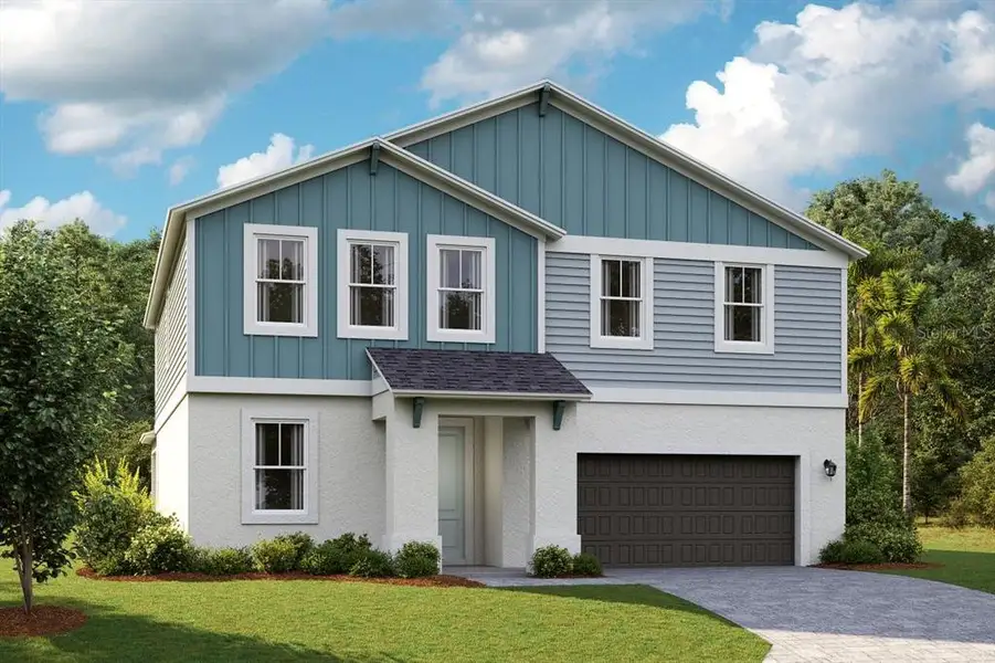 Front exterior of a new home in Pasadena Woods, Wesley Chapel, FL, highlighting curb appeal (Image 1). Front exterior of a new home in Pasadena Woods, Wesley Chapel, FL, highlighting curb appeal (Image 1).