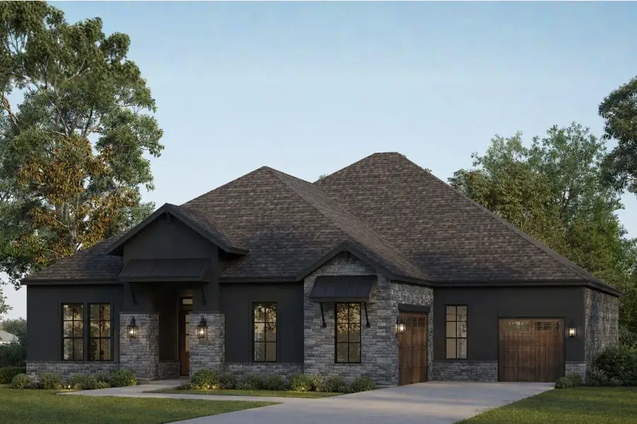 A striking modern facade combines dark siding with textured stone details and elegant wood garage doors. A striking modern facade combines dark siding with textured stone details and elegant wood garage doors.