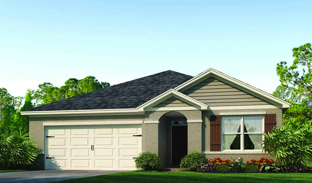 Front exterior of a new home in Buena Lago, St. Cloud, FL, highlighting curb appeal (Image 2).