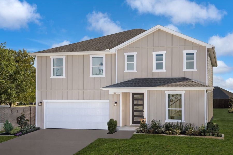 Representative exterior photo of a completed home built from the Plan 2444 Modeled by KB Home in Eagle Creek, Denton, TX (Image 12). Representative exterior photo of a completed home built from the Plan 2444 Modeled by KB Home in Eagle Creek, Denton, TX (Image 12).