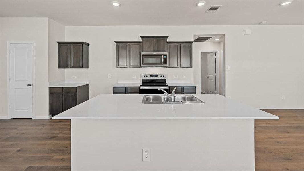 Kitchen featuring a large island with an undermount double-basin sink and a gooseneck faucet