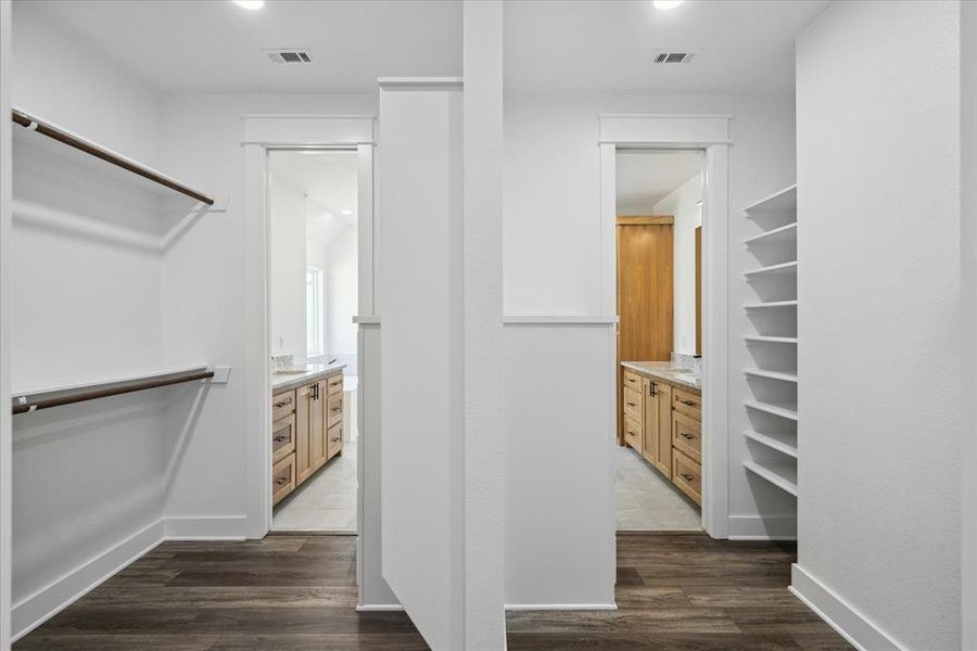 Spacious closet featuring dark wood-style floors