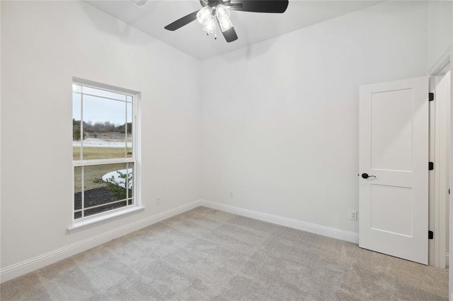 Carpeted spare room with ceiling fan