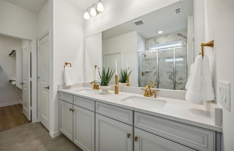 Modern owner's bath with dual vanities and a spacious shower *Model representation Modern owner's bath with dual vanities and a spacious shower *Model representation