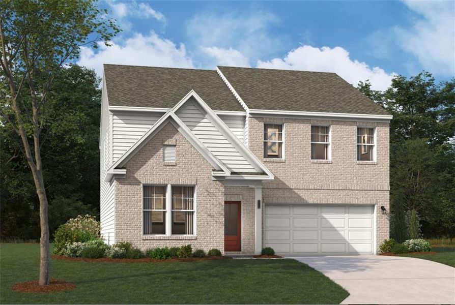 Front exterior of a new home in Riverside Ridge, Lawrenceville, GA, highlighting curb appeal (Image 1).