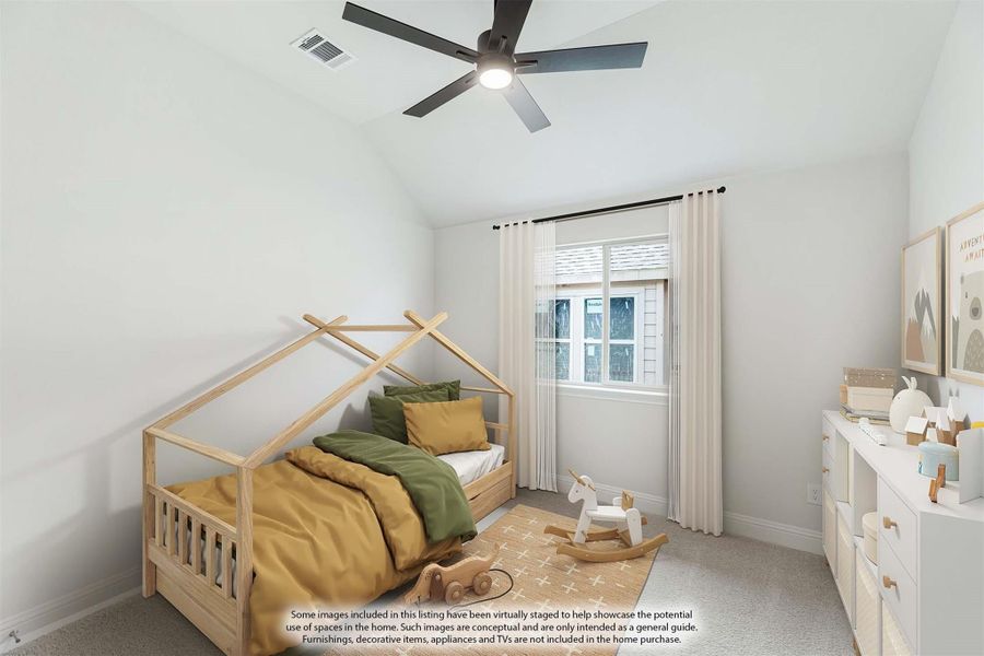 Child's bedroom with wood house-frame bed, ceiling fan, vaulted ceiling, and white dresser