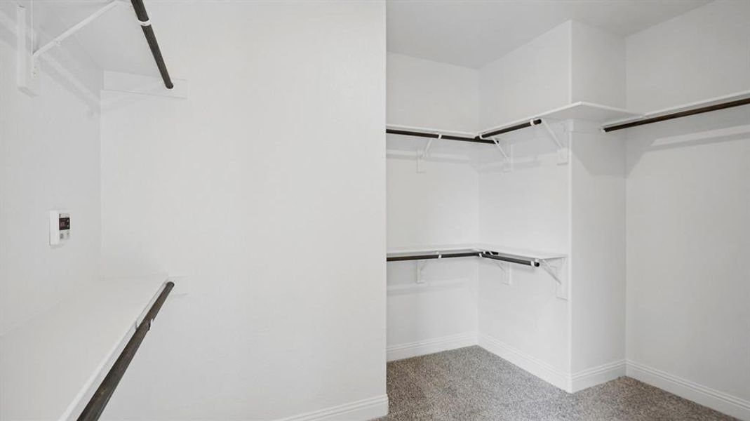 Walk in closet featuring light carpet Walk in closet featuring light carpet