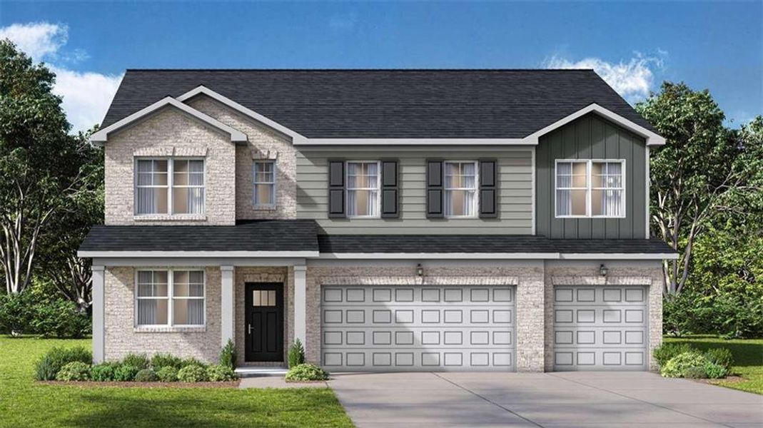 Front exterior of a new home in Evergreen Crossing, Locust Grove, GA, highlighting curb appeal (Image 1). Front exterior of a new home in Evergreen Crossing, Locust Grove, GA, highlighting curb appeal (Image 1).