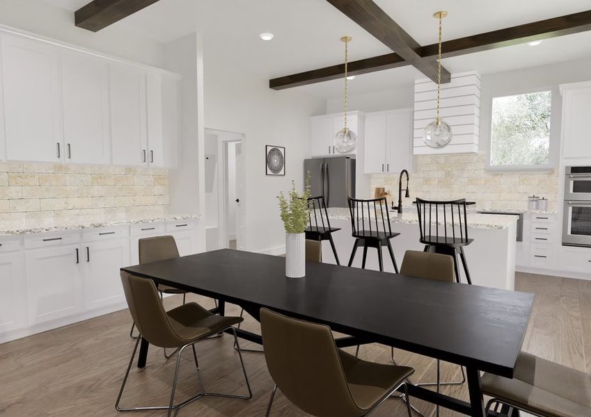 Modern kitchen with white cabinets, tile backsplash, and wooden beams. Central black dining table with brown chairs, conveying a cozy ambiance.