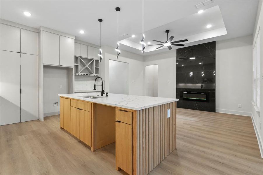 Kitchen with modern cabinets, light wood-type flooring, a raised ceiling, and recessed lighting