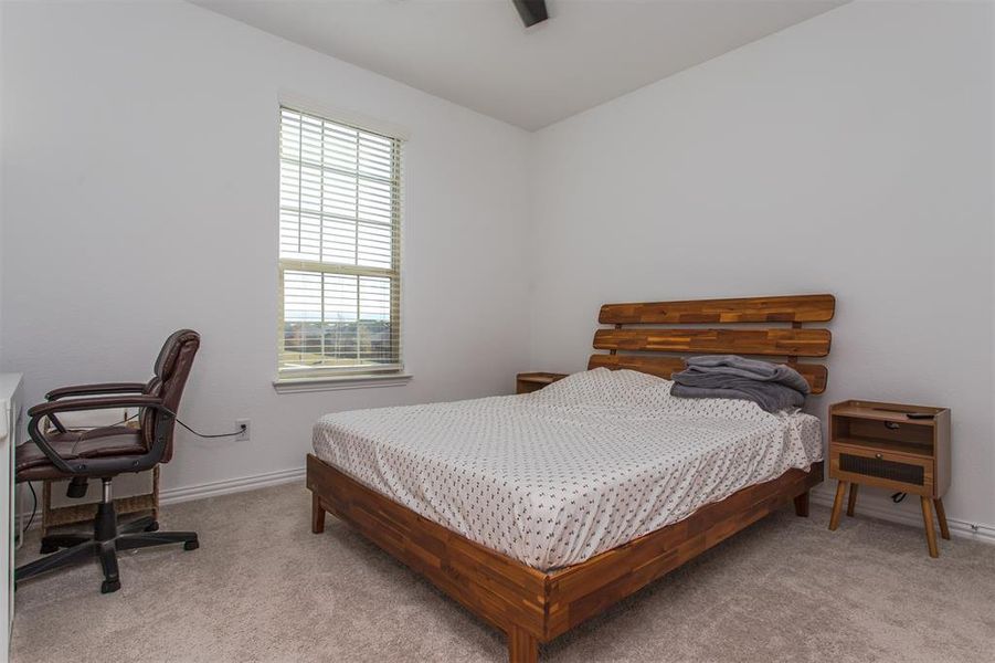 Bedroom featuring light carpet and ceiling fan