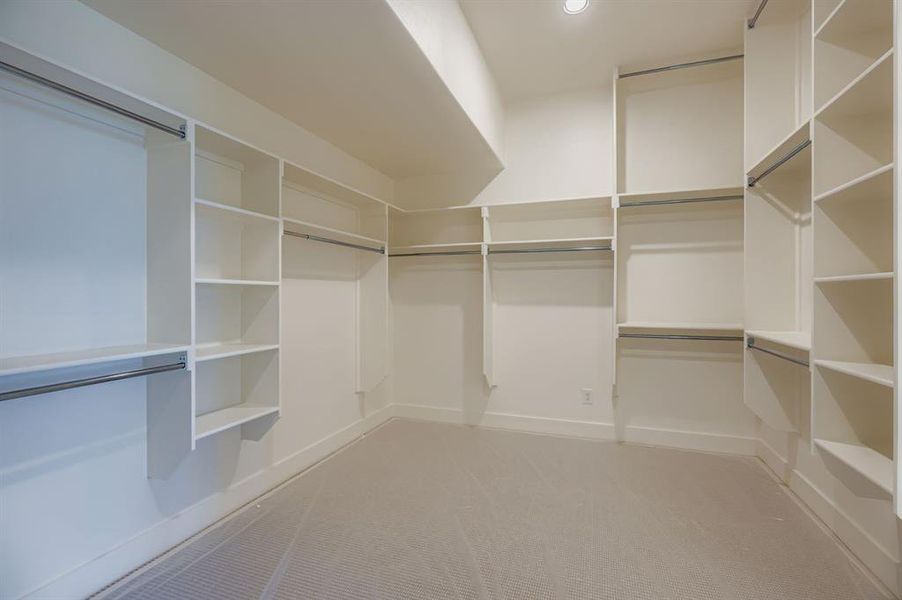 Spacious closet with light carpet
