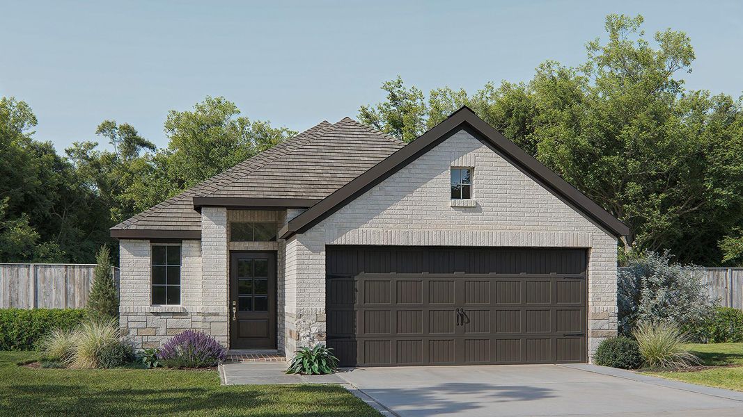 Front exterior of a new home in The Grand Prairie, Hockley, TX, highlighting curb appeal (Image 1). Front exterior of a new home in The Grand Prairie, Hockley, TX, highlighting curb appeal (Image 1).