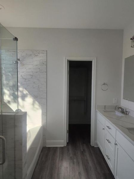Full bathroom featuring a bath, double vanity, a shower stall, a spacious closet, and dark wood-type flooring Full bathroom featuring a bath, double vanity, a shower stall, a spacious closet, and dark wood-type flooring