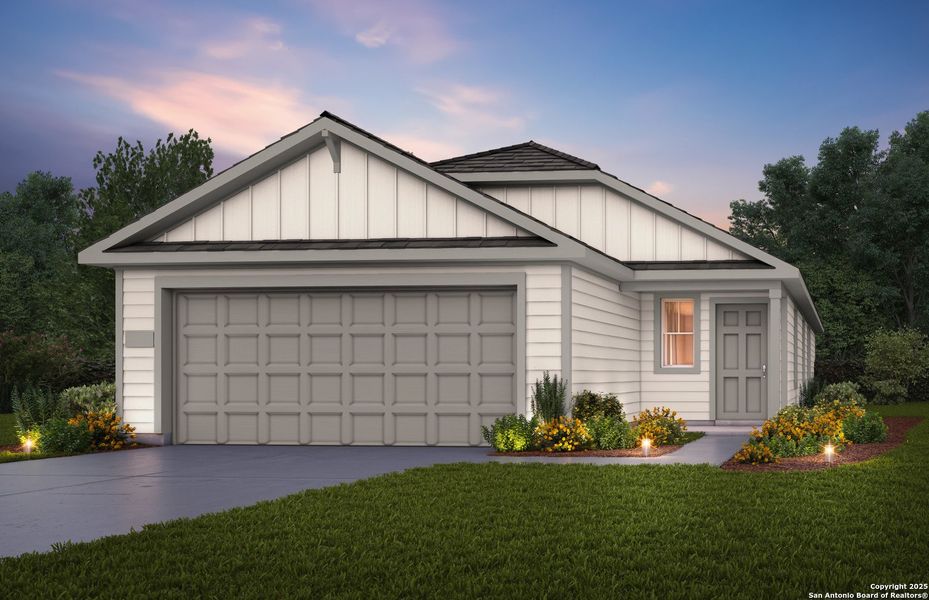 Front exterior of a new home in Vista Real, Converse, TX, highlighting curb appeal (Image 1).