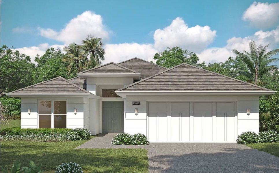 Front exterior of a new home in Lucaya Pointe, Vero Beach, FL, highlighting curb appeal (Image 1).