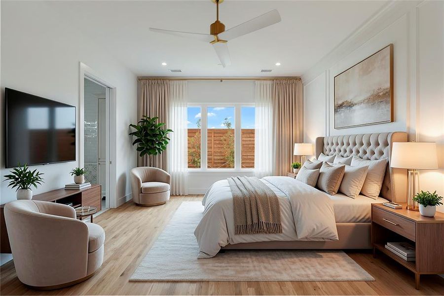VIRTUALLY STAGED: Spacious room featuring wood-finish flooring, a contemporary ceiling fan, and crown molding