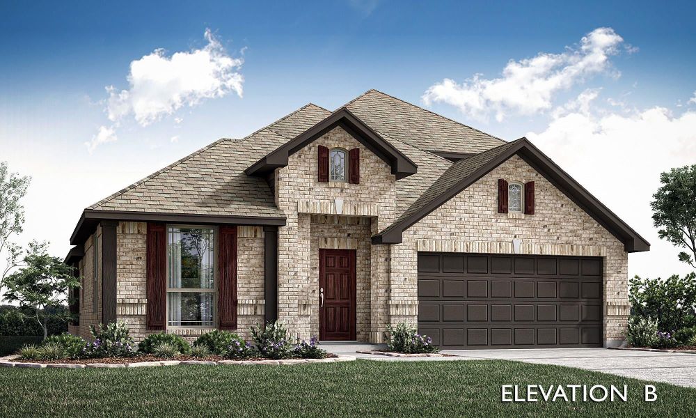 Single-story brick home with two-car garage, dark red shutters, and arched entry, Elevation B rendering. Single-story brick home with two-car garage, dark red shutters, and arched entry, Elevation B rendering.