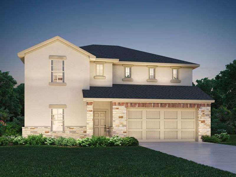 View of front of home featuring driveway, stone siding, stucco siding, an attached garage, and roof with shingles View of front of home featuring driveway, stone siding, stucco siding, an attached garage, and roof with shingles