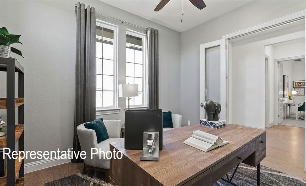 Office space with a healthy amount of sunlight, wood-type flooring, and ceiling fan