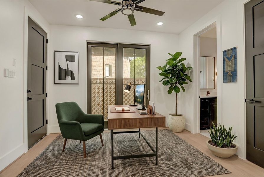 The first floor study/bedroom 4 offers direct access to the backyard and ensuite bathroom. Virtually staged photo. The first floor study/bedroom 4 offers direct access to the backyard and ensuite bathroom. Virtually staged photo.