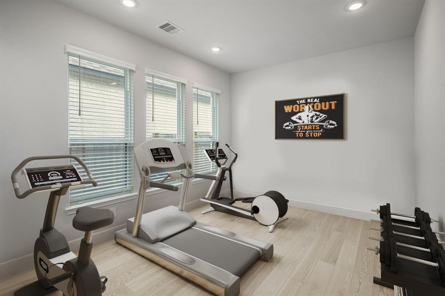 So many possibilities for the bonus space! There's plenty of room for a home gym! *This room has been virtually staged to show the possibilities.