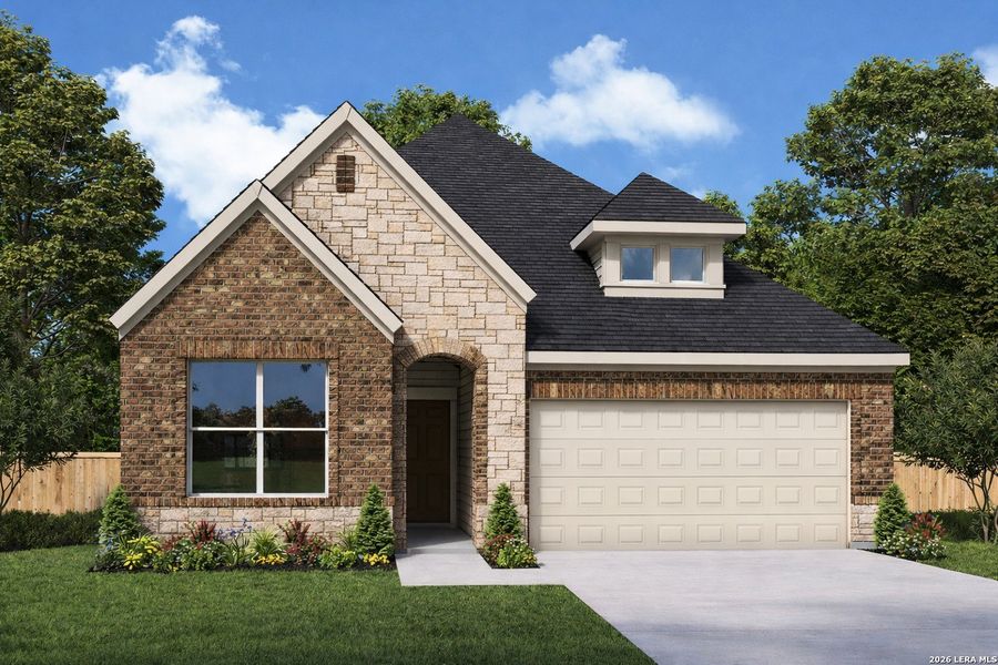Front exterior of a new home in Mayfair - Select Classic Series, New Braunfels, TX, highlighting curb appeal (Image 1). Front exterior of a new home in Mayfair - Select Classic Series, New Braunfels, TX, highlighting curb appeal (Image 1).