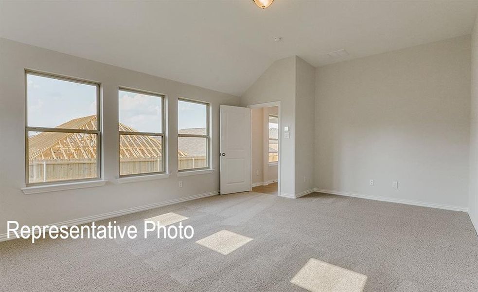 Carpeted spare room with vaulted ceiling