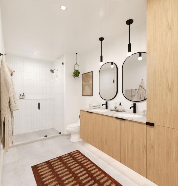 A bright bathroom with light wood, white quartz countertops, and a frameless glass shower with an extended accessory shelf for ample storage.