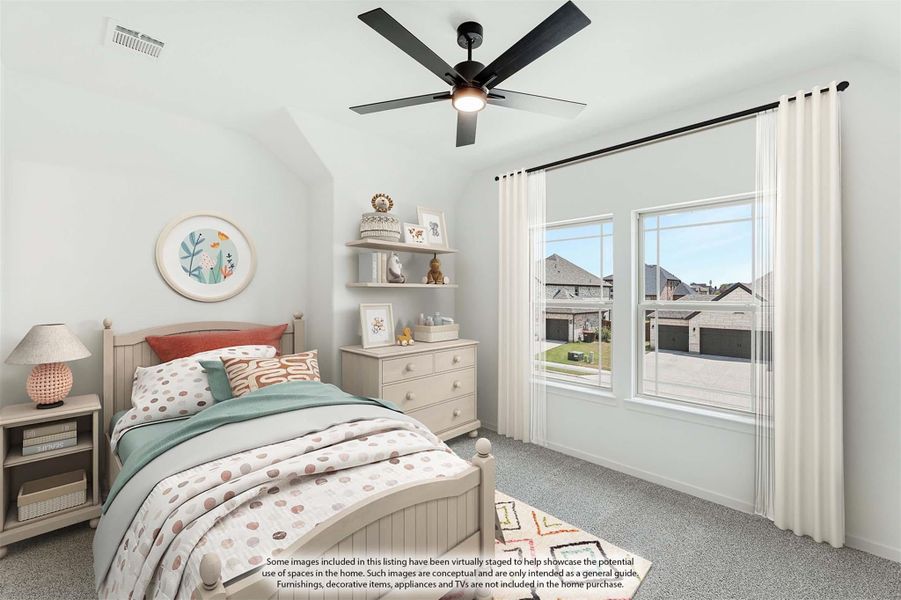 Children's bedroom with twin bed, ceiling fan, wall shelves, and large windows with neighborhood view Children's bedroom with twin bed, ceiling fan, wall shelves, and large windows with neighborhood view