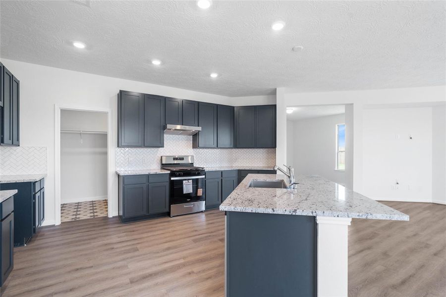 This spacious kitchen features high ceilings, Woodmont Dakota Shaker cabinets in Adriatic Sea, Granite countertops in Colonial White, stainless steel appliances, modern tile backsplash, recessed lighting, and a pantry. all overlooking your huge family room. The laundry room is just beyond the kitchen.