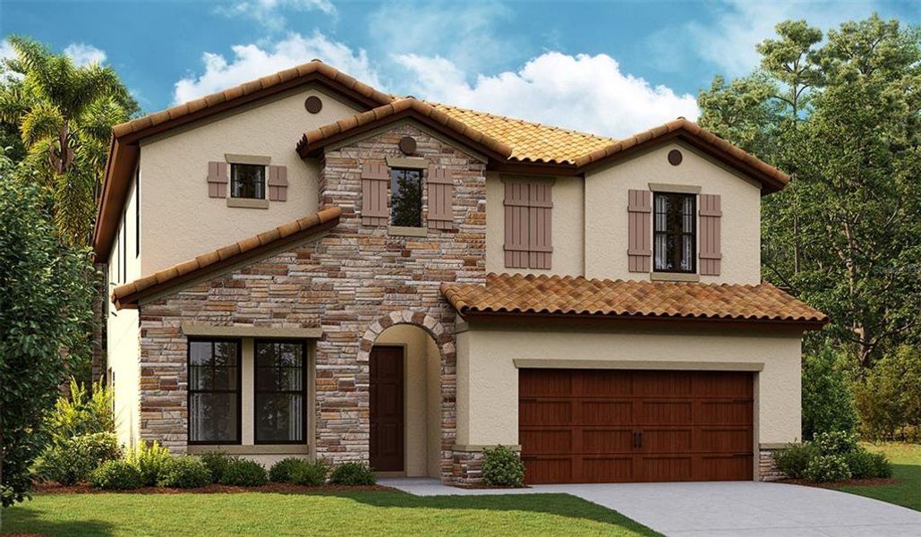 Front exterior of a new home in Crosswind Ranch, Parrish, FL, highlighting curb appeal (Image 1). Front exterior of a new home in Crosswind Ranch, Parrish, FL, highlighting curb appeal (Image 1).