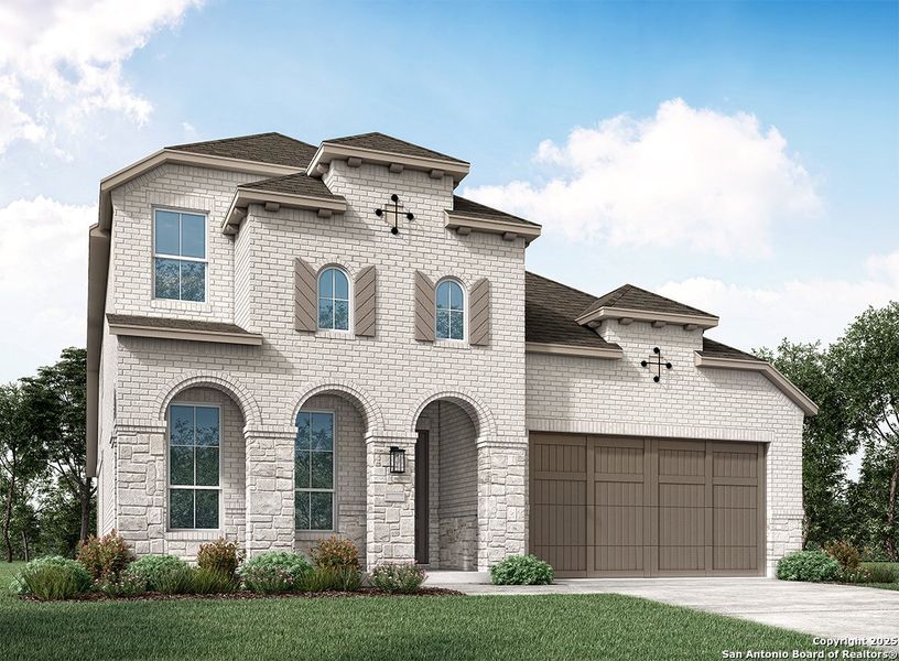 Front exterior of a new home in Weston Oaks, San Antonio, TX, highlighting curb appeal (Image 1). Front exterior of a new home in Weston Oaks, San Antonio, TX, highlighting curb appeal (Image 1).