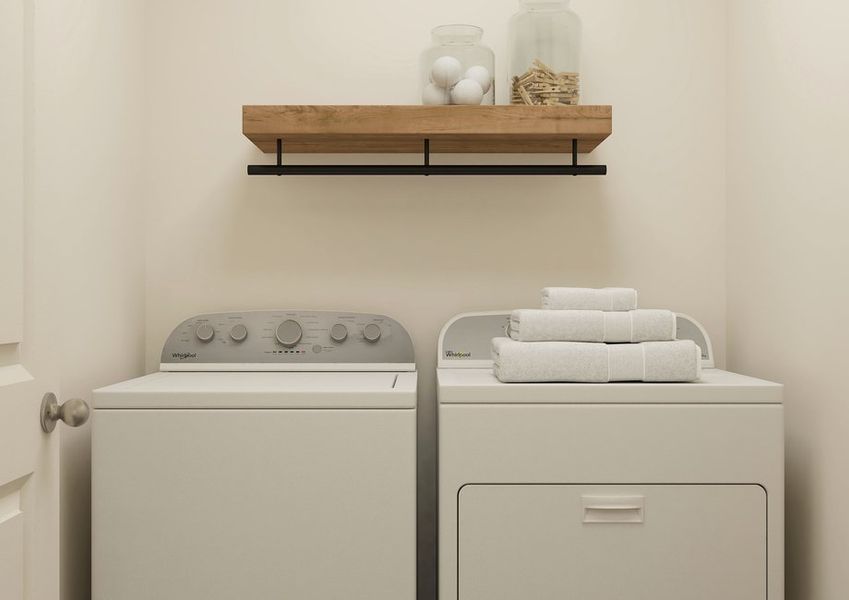 Rendering of a laundry room with a washer and dryer.
