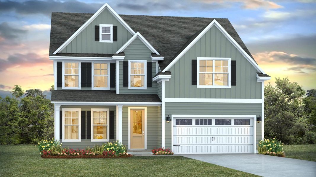 Front exterior of a new home in Indigo Preserve, Leland, NC, highlighting curb appeal (Image 1). Front exterior of a new home in Indigo Preserve, Leland, NC, highlighting curb appeal (Image 1).