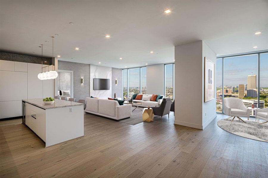 Residences at the Allen the Lamar plan featuring two bedrooms two and a half baths and outdoor summer kitchen.