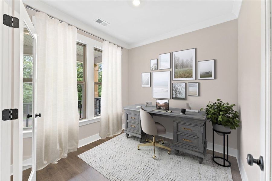 This bright and inviting room offers a serene work