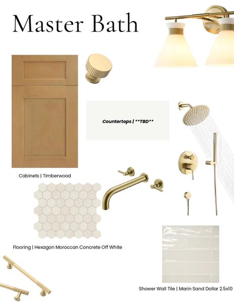 Planned primary bath finishes with quartz countertops, tile selections, coordinated cabinetry, fixtures, and hardware.