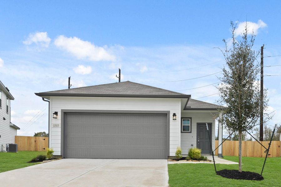 Front exterior of a new home in Barrett Crossing, Crosby, TX, highlighting curb appeal (Image 15).