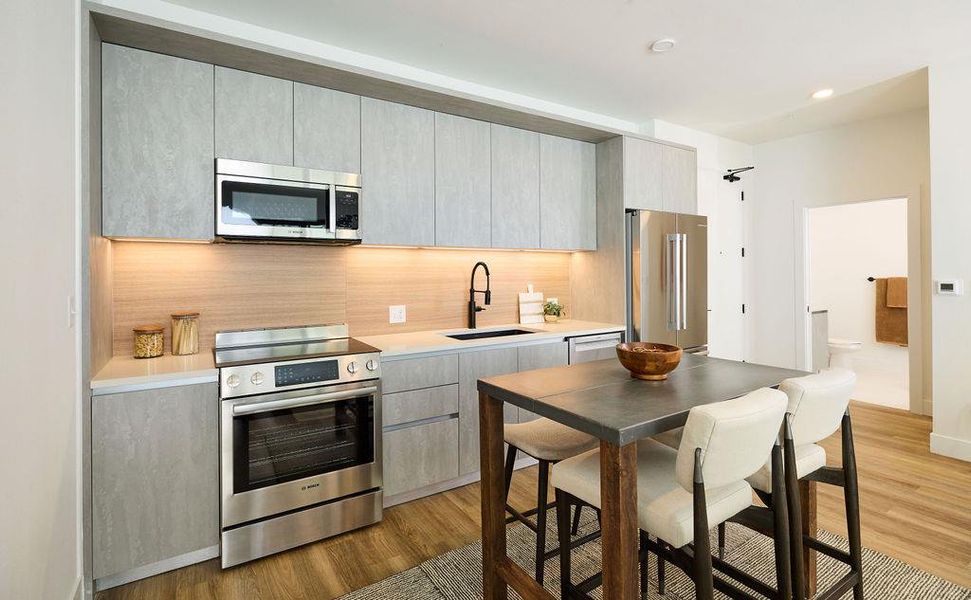 Furnished interior view inside a new home in Congress Lofts Saint Elmo, Austin (Image 2). Furnished interior view inside a new home in Congress Lofts Saint Elmo, Austin (Image 2).