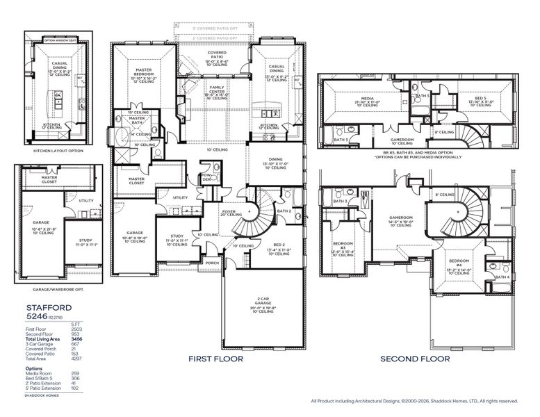 2D floor plan layout for the Stafford - SH 5246 by Shaddock Homes in Custer Ridge Estates, Allen, TX (Image 3).