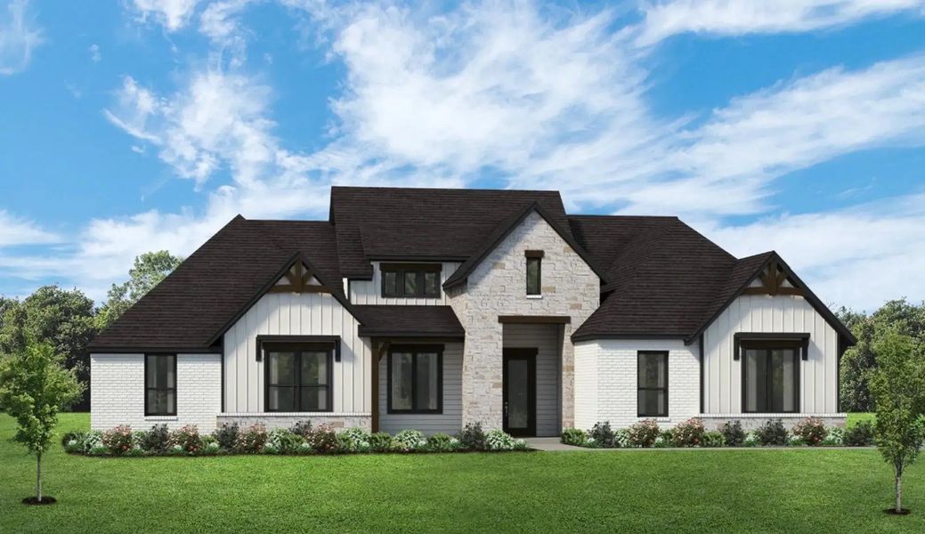 Representative exterior photo of a completed home built from the The Blaire by Elmwood Custom Homes in Hidden Lakes on Mockingbird, Midlothian, TX (Image 6). Representative exterior photo of a completed home built from the The Blaire by Elmwood Custom Homes in Hidden Lakes on Mockingbird, Midlothian, TX (Image 6).