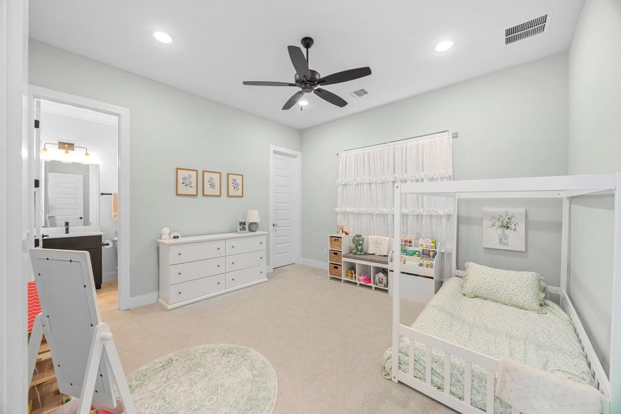 Virtual paint wall color. Bedroom featuring carpet flooring, recessed lighting, and ceiling fan