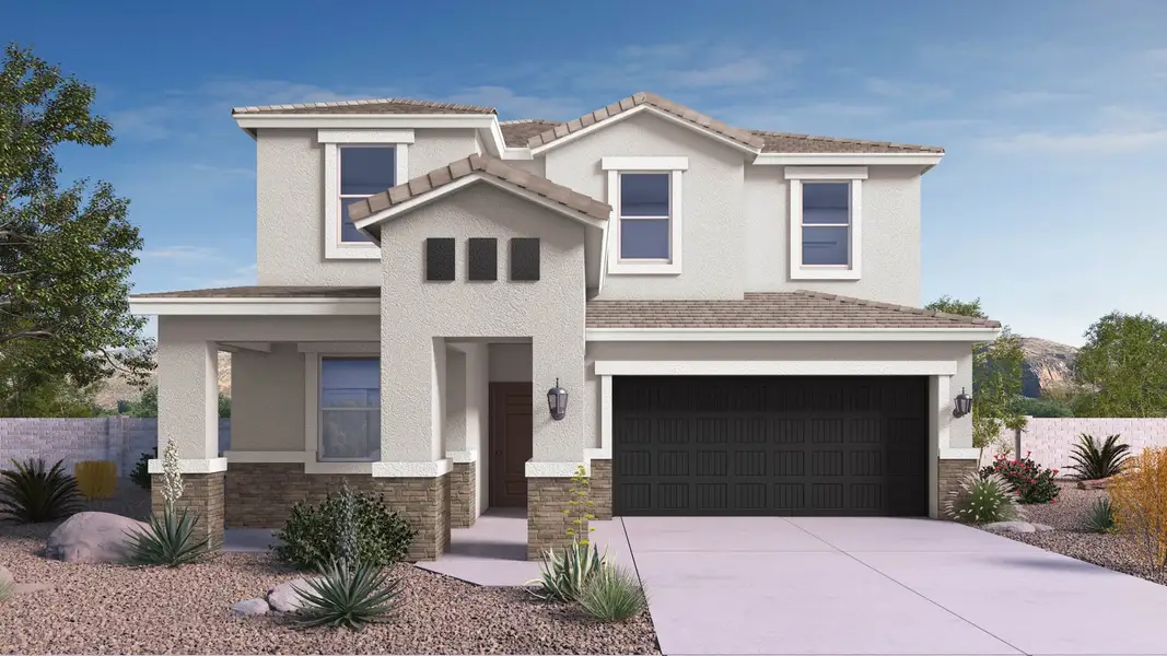 Front exterior of a new home in The Ridge at Stone Butte, Phoenix, AZ, highlighting curb appeal (Image 1). Front exterior of a new home in The Ridge at Stone Butte, Phoenix, AZ, highlighting curb appeal (Image 1).