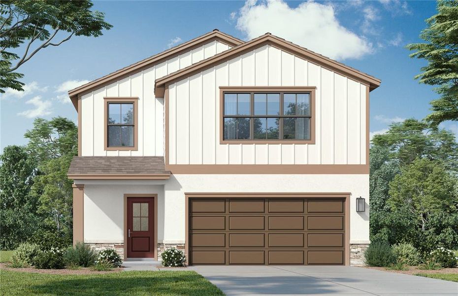 Front exterior of a new home in Grasslands West, Lakeland, FL, highlighting curb appeal (Image 21).