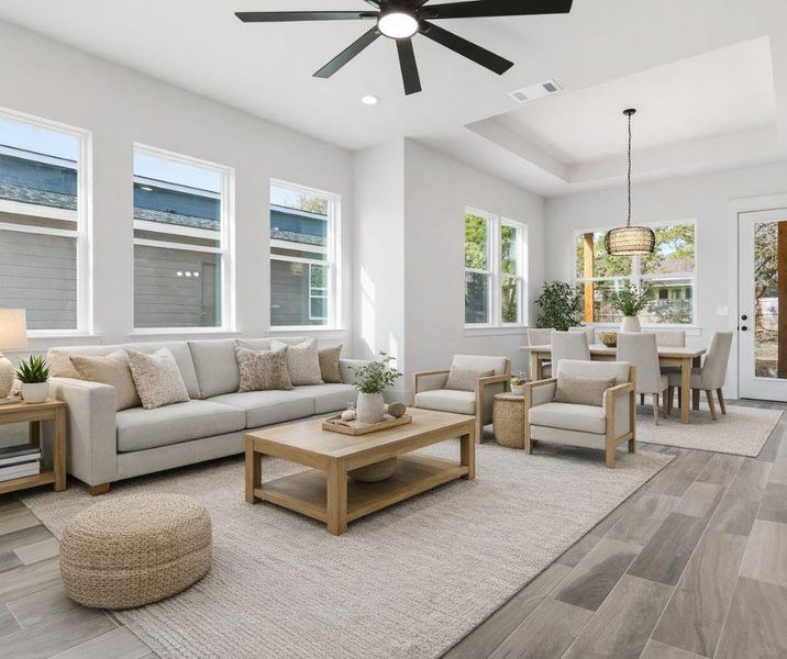 Living area & dining area virtually staged