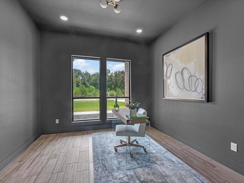 Heading into the moody office space right off of the living room. This space could be used for anything (playroom, formal dining, mancave, etc)