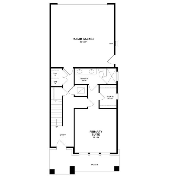 Floor plan showcasing a 2-car garage, primary suite with walk-in closet, and primary bath. Floor plan showcasing a 2-car garage, primary suite with walk-in closet, and primary bath.