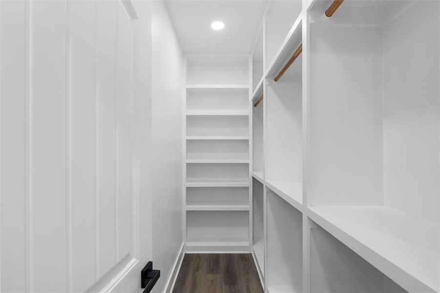 Walk in closet with dark wood-style flooring